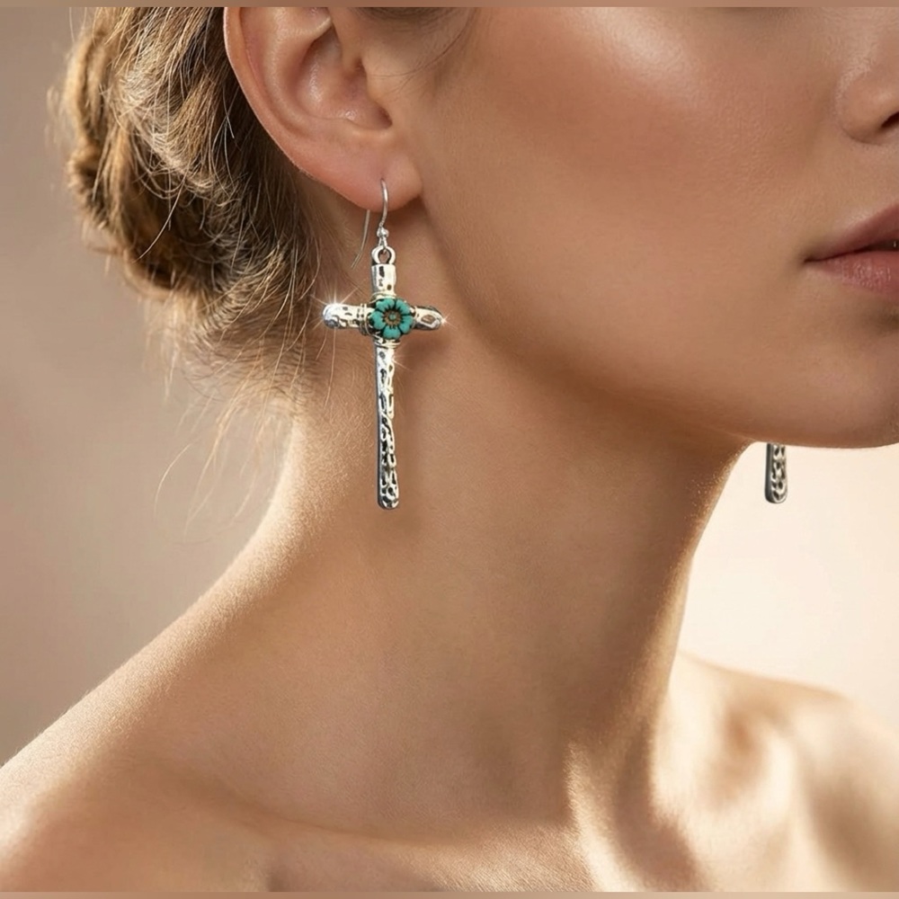 Rustic Boho Spirit Hammered Cross Earrings